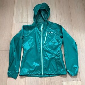 Outdoor Research Helium II Rain Jacket Teal Pertex Shield Hood Womens Small